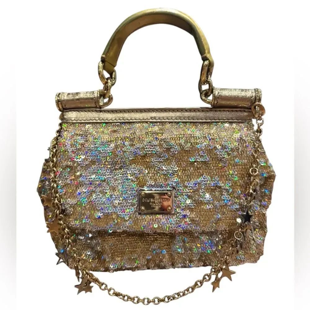 Dolce & Gabbana Gold with Multicolor Sequins Miss Sicily Clutch Top Handle RARE